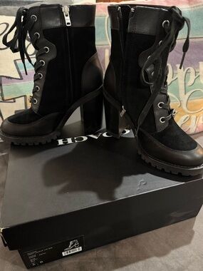 Coach Hedy Bootie Black Leather & Suede Lace-Up Block Heel Boots